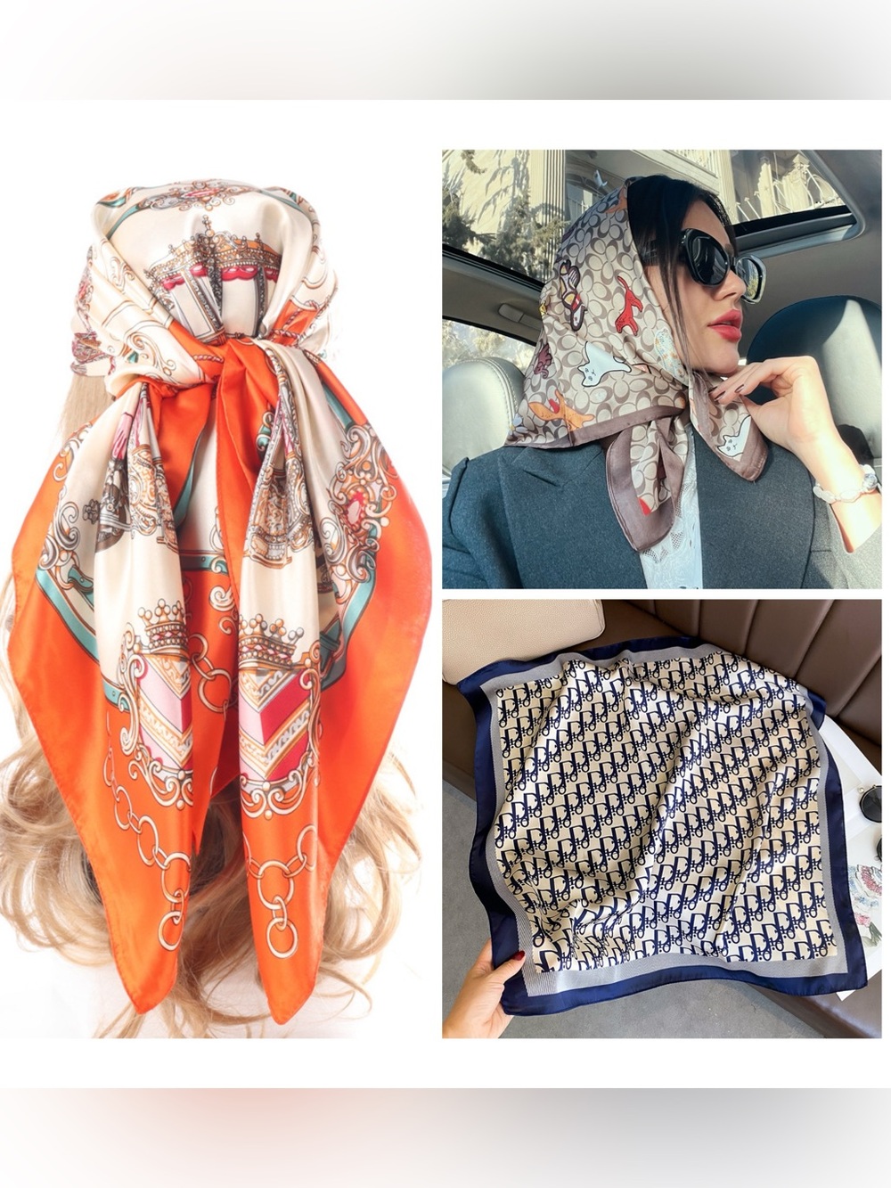 Bundles Of 3 Silk-Feel Orange & Cream Patterned Head Scarf - Women Accessories